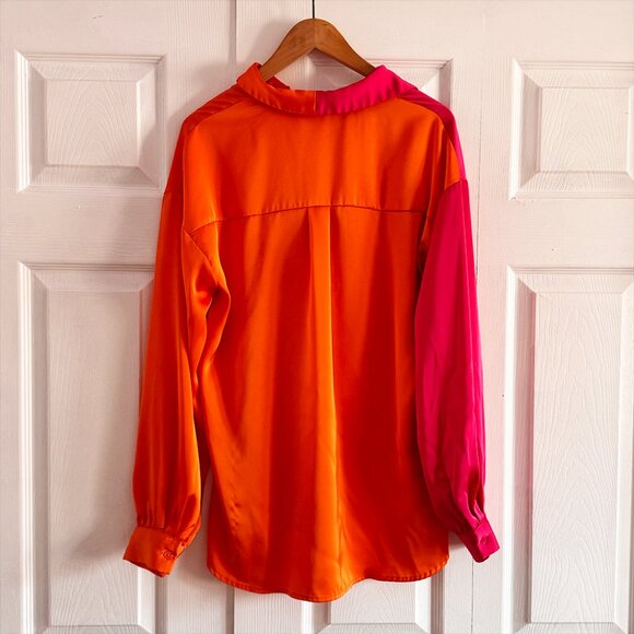 Strut & Bolt Multicolor Orange and Hot Pink Button Up Colorblock Satin Blouse - Picture 5 of 9